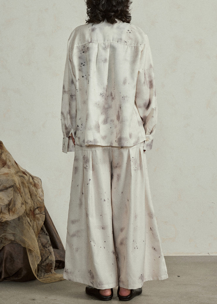 Boutique Stand Collar Tie Dye Two Pieces Set Top And Wide Leg Pants Lantern Sleeve
