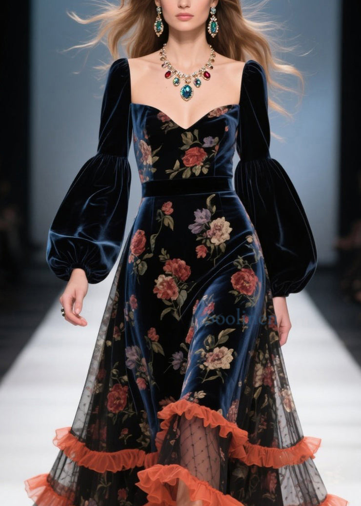 Boutique Tulle Ruffled Print Patchwork Velvet Dress Fall