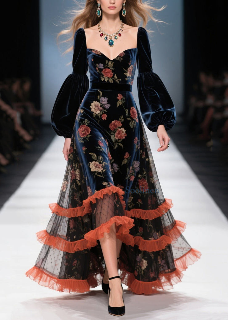 Boutique Tulle Ruffled Print Patchwork Velvet Dress Fall