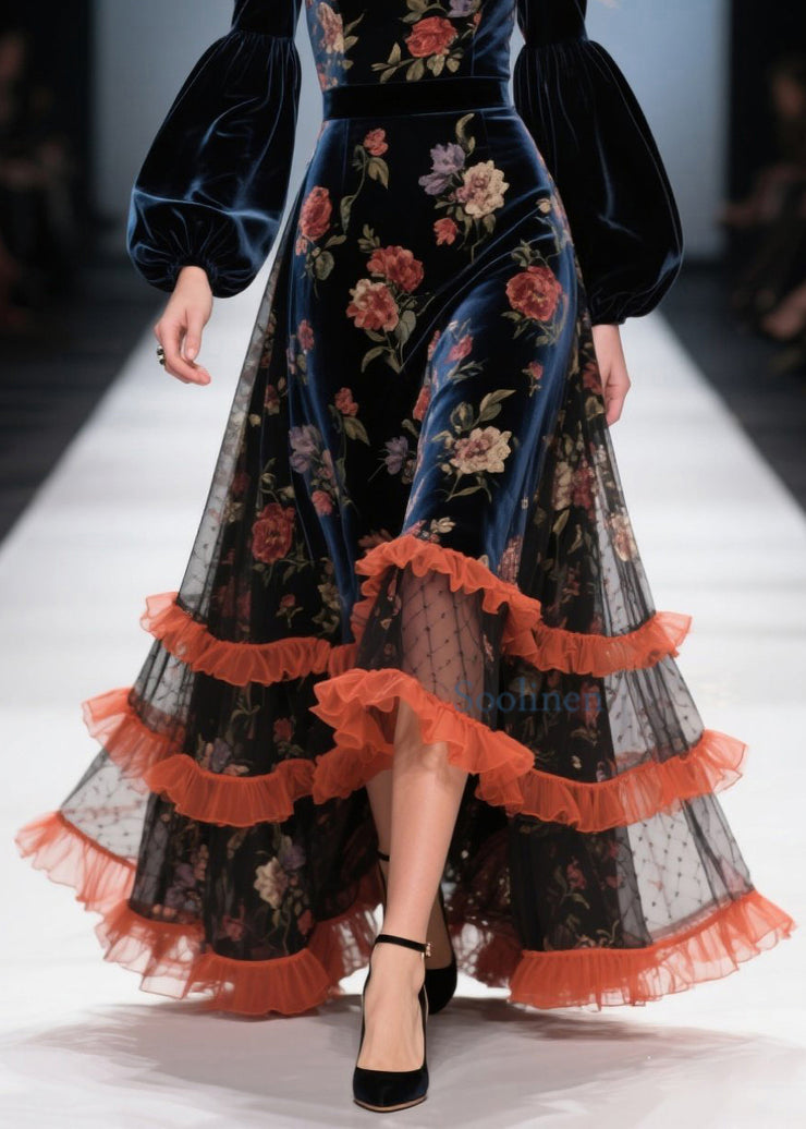 Boutique Tulle Ruffled Print Patchwork Velvet Dress Fall