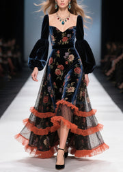 Boutique Tulle Ruffled Print Patchwork Velvet Dress Fall