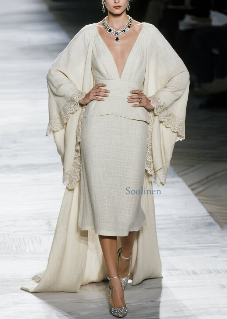 Boutique V Neck Lace Patchwork Cotton Two Piece Set Fall