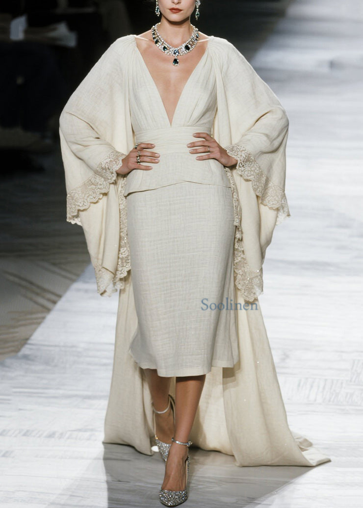 Boutique V Neck Lace Patchwork Cotton Two Piece Set Fall