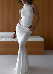 Boutique White Backless Patchwork Cotton Dresses Sleeveless
