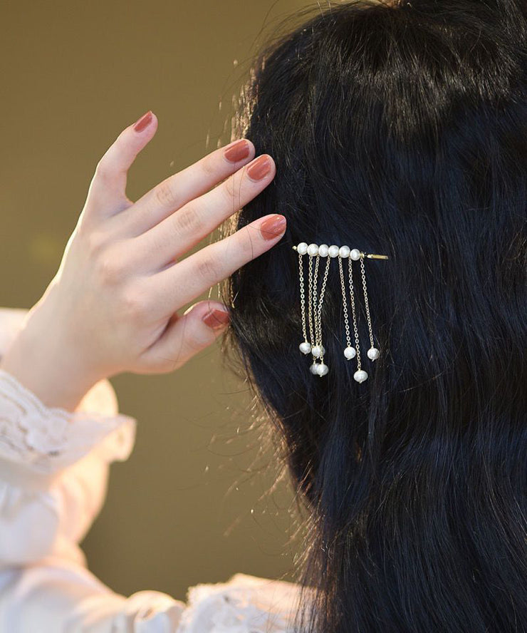 Boutique White Copper Overgild Pearl Crystal Tassel Hairpin