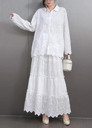 Boutique White Embroidered Floral Lace Shirts And Maxi Skirts Two Pieces Set Flare Sleeve