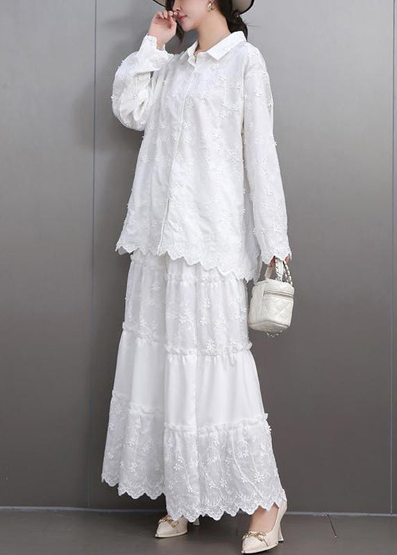 Boutique White Embroidered Floral Lace Shirts And Maxi Skirts Two Pieces Set Flare Sleeve