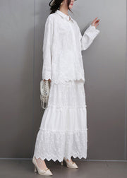 Boutique White Embroidered Floral Lace Shirts And Maxi Skirts Two Pieces Set Flare Sleeve