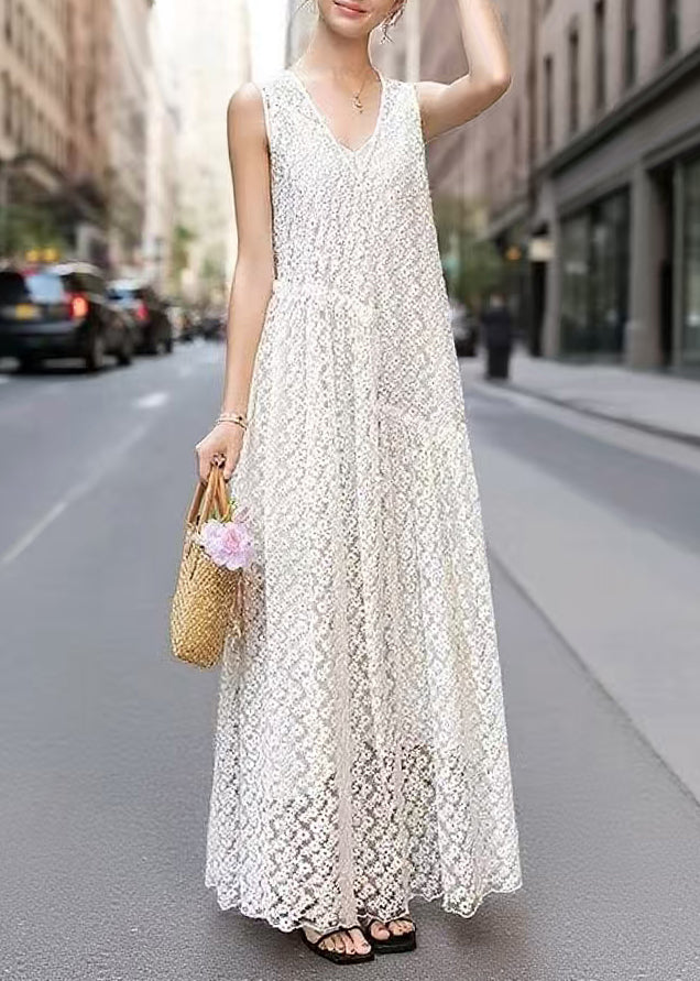 Boutique White Embroidered Hollow Out Tulle Robe Dresses Sleeveless
