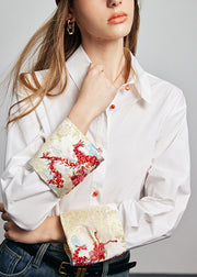 Boutique White Embroidered Nail Bead Cotton Blouses Fall