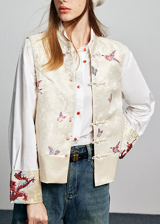 Boutique White Embroidered Nail Bead Cotton Blouses Fall