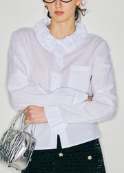 Boutique White Floral Jacquard Cotton Shirt Tops Fall