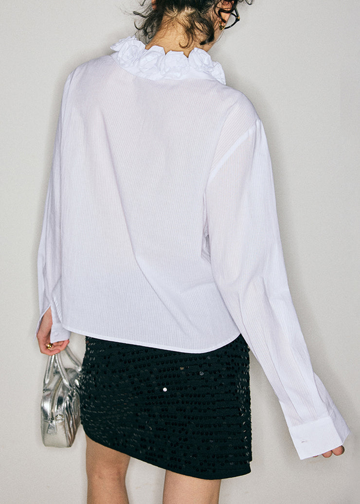 Boutique White Floral Jacquard Cotton Shirt Tops Fall