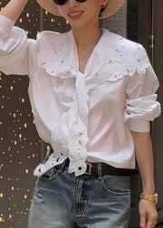 Boutique White Hollow Out Embroidered Lace Up Cotton Top Fall