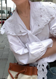 Boutique White Hollow Out Embroidered Lace Up Cotton Top Fall