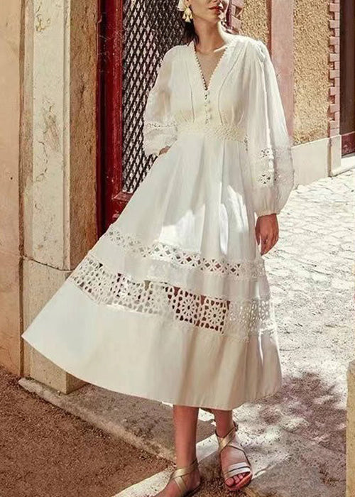 Boutique White Hollow Out Solid Cotton Dress Lantern Sleeve