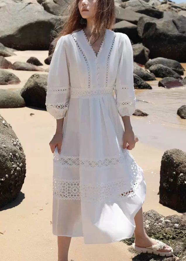 Boutique White Hollow Out Solid Cotton Dress Lantern Sleeve
