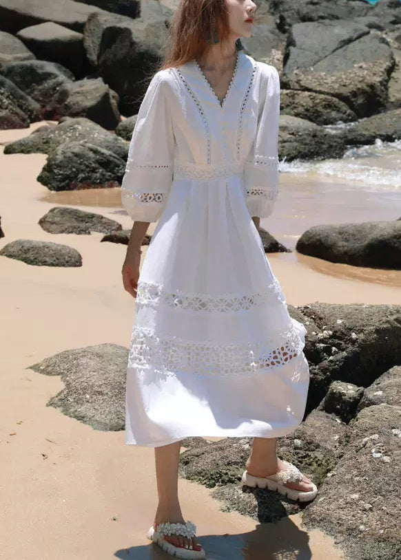 Boutique White Hollow Out Solid Cotton Dress Lantern Sleeve