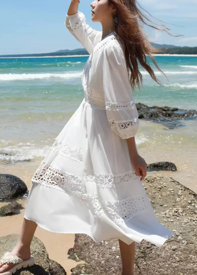 Boutique White Hollow Out Solid Cotton Dress Lantern Sleeve