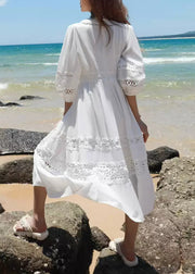 Boutique White Hollow Out Solid Cotton Dress Lantern Sleeve