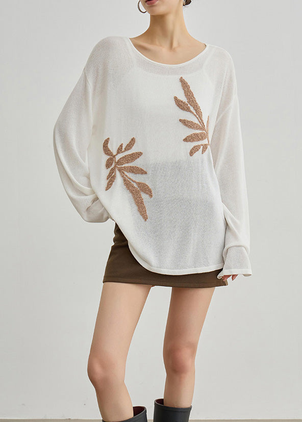 Boutique White O Neck Embroidered Knit Blouses Fall
