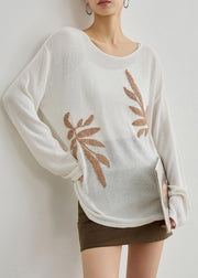 Boutique White O Neck Embroidered Knit Blouses Fall