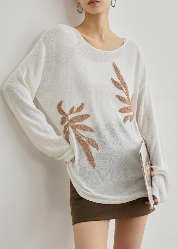 Boutique White O Neck Embroidered Knit Blouses Fall