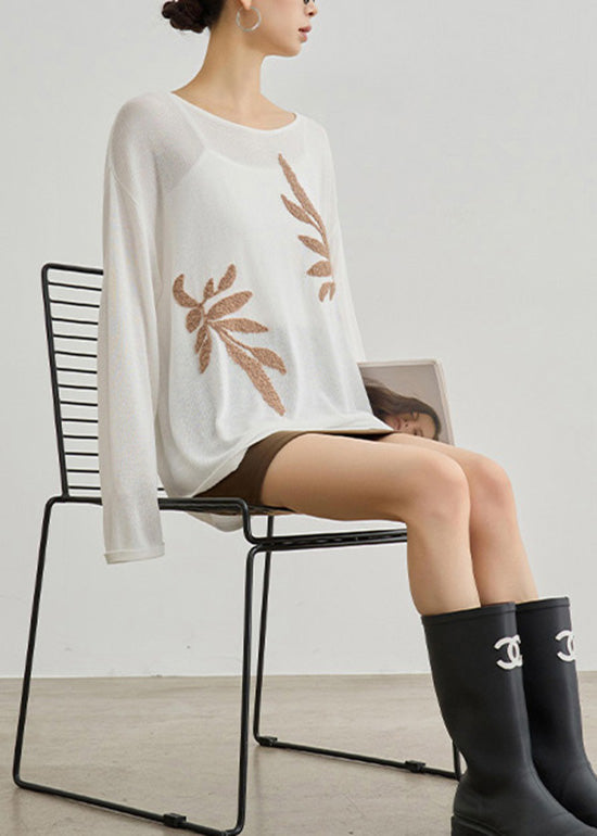 Boutique White O Neck Embroidered Knit Blouses Fall