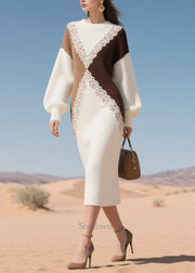 Boutique White Patchwork Lace Knit Lond Dress Winter