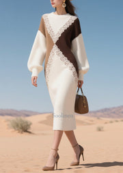 Boutique White Patchwork Lace Knit Lond Dress Winter