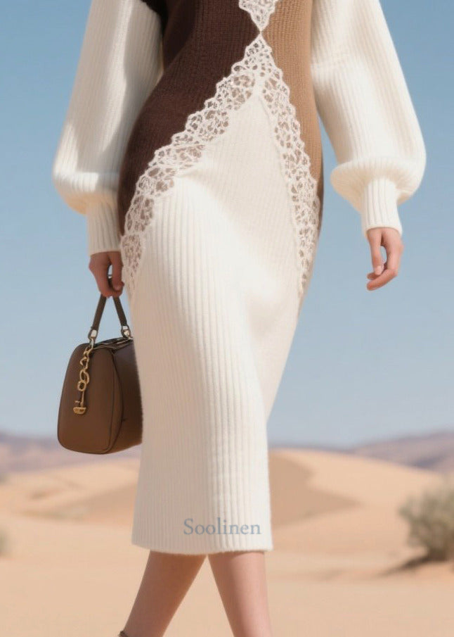 Boutique White Patchwork Lace Knit Lond Dress Winter