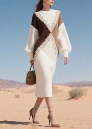 Boutique White Patchwork Lace Knit Lond Dress Winter