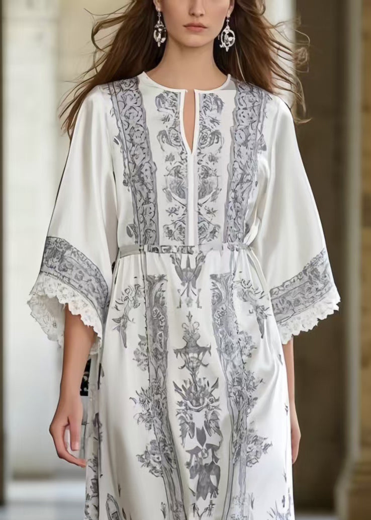 Boutique White Print Silk Vacation Dresses Bracelet Sleeve