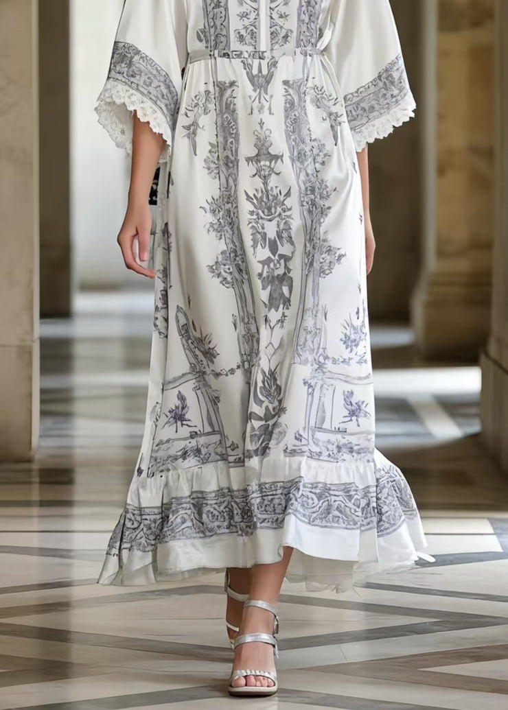 Boutique White Print Silk Vacation Dresses Bracelet Sleeve