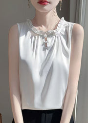 Boutique White Ruffled Button Silk Shirts Sleeveless