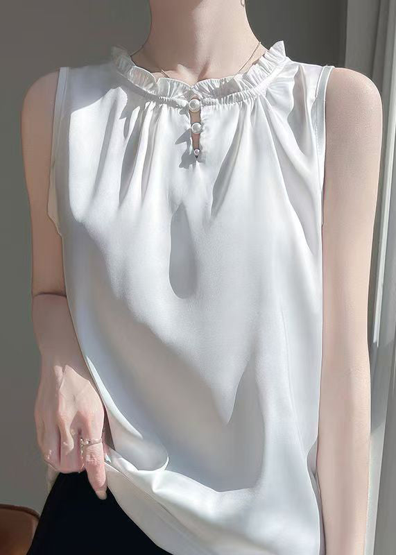 Boutique White Ruffled Button Silk Shirts Sleeveless