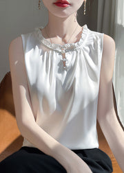 Boutique White Ruffled Button Silk Shirts Sleeveless