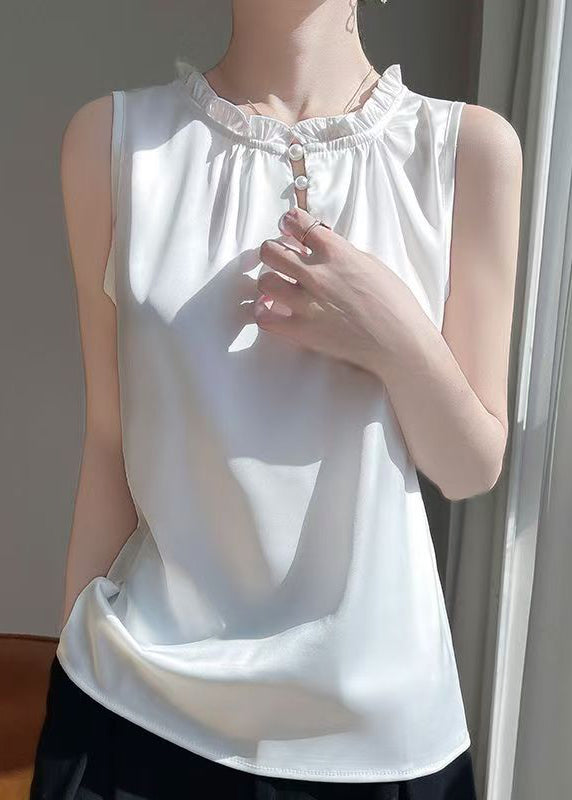 Boutique White Ruffled Button Silk Shirts Sleeveless