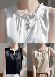 Boutique White Ruffled Button Silk Shirts Sleeveless
