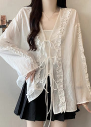 Boutique White Ruffled Lace Up Cotton Tops Fall
