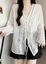 Boutique White Ruffled Lace Up Cotton Tops Fall