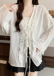 Boutique White Ruffled Lace Up Cotton Tops Fall
