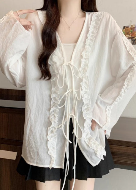 Boutique White Ruffled Lace Up Cotton Tops Fall