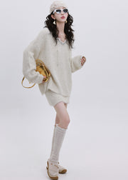 Boutique White Sequins Warm Knit Sweater And Skirt Two Piece Set Winter