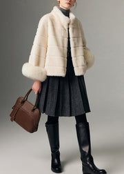 Boutique White Stand Collar Fox Fur Patchwork Mink Velvet Jacket Winter
