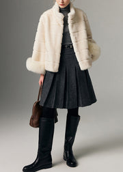 Boutique White Stand Collar Fox Fur Patchwork Mink Velvet Jacket Winter