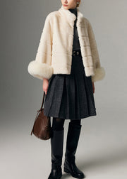 Boutique White Stand Collar Fox Fur Patchwork Mink Velvet Jacket Winter