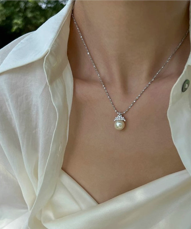 Boutique White Sterling Silver Pearl Zircon Pendant Necklace