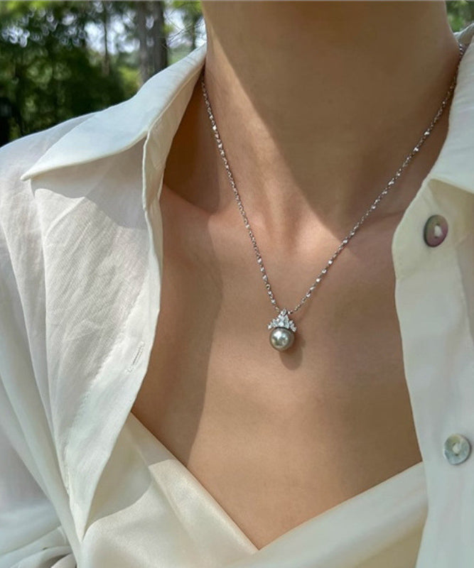 Boutique White Sterling Silver Pearl Zircon Pendant Necklace