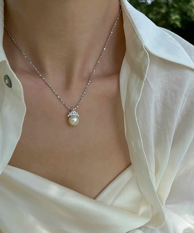 Boutique White Sterling Silver Pearl Zircon Pendant Necklace